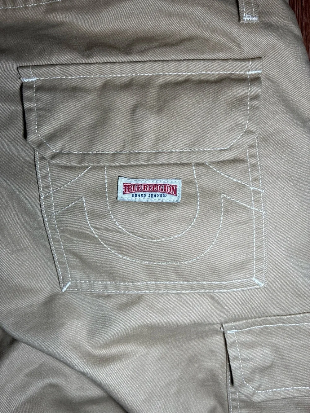 True Religion Men’s Beige Cotton Twill Cargo Pants Straight Leg, Button, Size 30